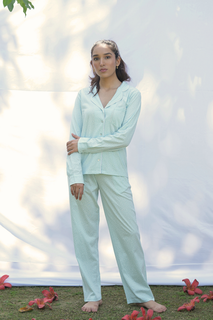 Cosy cocoon PJ  Blue Polka Dot Set